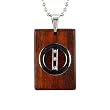 Stainless Steel Natural Redwood Cubic Zirconia Circle Line Rectangular Pendant w. Woven Faux Leather Necklace
