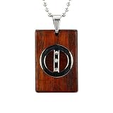 Stainless Steel Natural Redwood Cubic Zirconia Circle Line Rectangular Pendant w. Woven Faux Leather Necklace