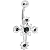 Black Gem Silver Tone Gothic Cross Belly Ring