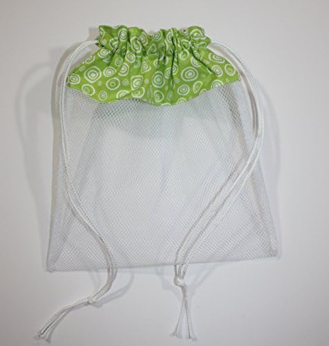 Sea Shell Bag, Circles on Lime Green Fabric & Mesh Drawstring Beach Bag Handmade by FrogBlossoms