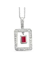 Twin Rectangular Shaped Diamond Pendant In 18K White Gold With A 0.70 ct. Genuine Ruby Center Stone.