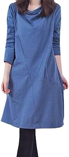 VENTELAN Women's Long Sleeve Cotton Fashion Pure Color Loose Fit Plus Size Dress
