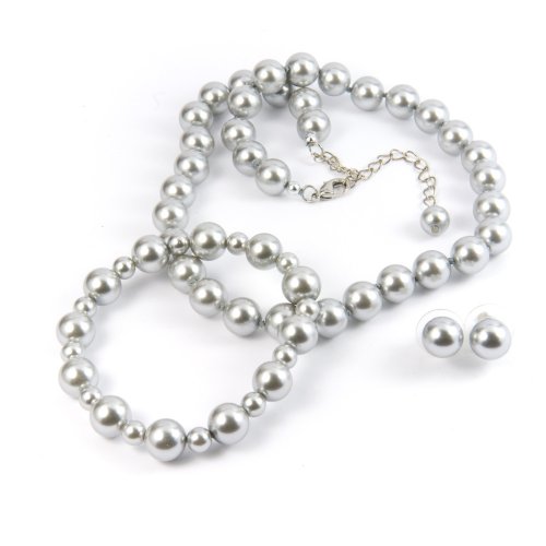 Light Blue 10mm Glass Pearl Necklace, Bracelet and Earrings Set by Margot Townsend