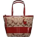 AUTHENTIC COACH SIGNATURE STRIPE PATENT TOTE 12429 (Khaki/Red)