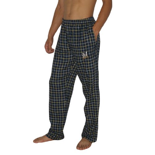 Mens MLB Milwaukee Brewers Plaid Cotton Thermal Sleepwear / Pajama Pants - Dark Blue & Yellow (Size: L)