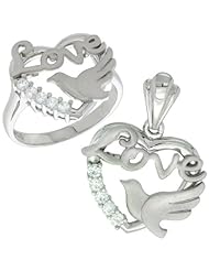 Sterling Silver LOVE w/ Dove Heart Ring & Pendant Set CZ Stones Rhodium Finished