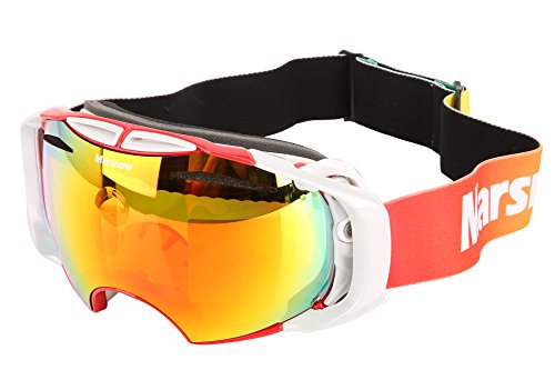 Marsnow Men's Ski Goggle REVO Spherical Lens with Replacement Lens Red Frame