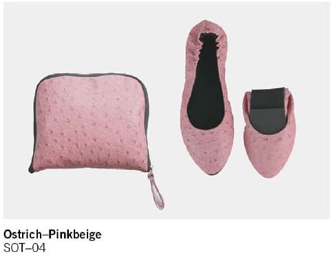 Sidekicks Women's Foldable Portable Travel Ballet Flat Shoes w/ Matching Carrying Case "Ostrich Series" (Medium(7~8), Pink beige)