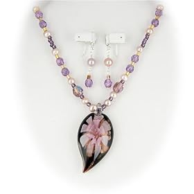 Murano Glass Violet Flower Pendant Freshwater Pearl Earrings Necklace Sterling Silver 1053
