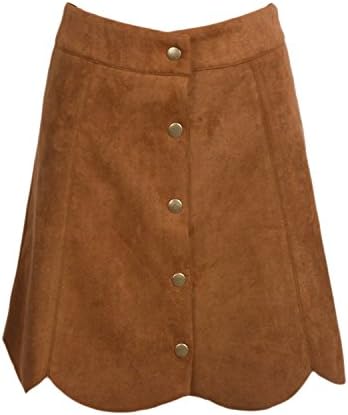 VOGLLY Women's Petaline Hem Button Down A Line Mini Suede Skirts Brown