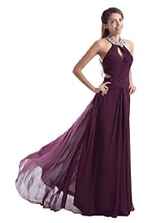 A-line Chiffon  Keyhole Halter Prom Dress  with a Court Train  With Rhinestones