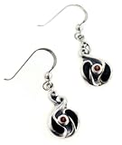 Unusual Celtic Swirled Black Onyx Inlay and Genuine Garnet Sterling Silver Earrings