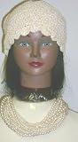 Nc113, Multisize Offwhite Fresh Water Multistrand Pearl Necklace with Matching Earrings for Women and Teens Offered in Combination with Hand Crocheted Ivory Chenille and Gimp Tweed Skull Cap