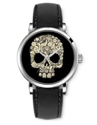 Analog Silver Women Watches Black Leather Wristband - Flower Decoration Skull