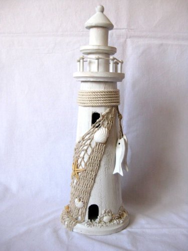 Deko Leuchtturm Whitewash 43cm 2 Holzfische Fischernetz