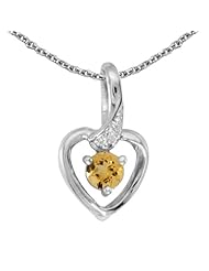 14k White Gold Round Citrine And Diamond Heart Pendant with 18" Chain