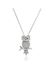 Rhodium Plated 925 Sterling Silver Pave Set Cubic Zirconia CZ Sitting Owl Charm Pendant Necklace with Link Chain