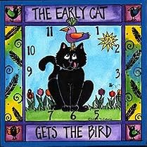 The Early Cat Gets the Bird Kitty Kitten Art Wall Desk Clock Timepiece from Rock Paper Scissors artist Pamela Corwin