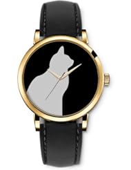 SPRAWL Aanalog Fashion Series Gold Ladies Watches of Genuine Black Leather Strap,Unique Wrist Watch for Women Girls Designed with Shadow Cat