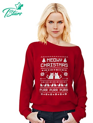 Meowy Christmas Ugly Sweater Cute Xmas Party Off Shoulder
