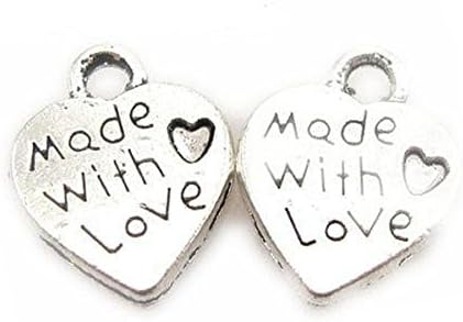 100pcs "Made with Love" Heart Shape Antique Silver Charms Pendant Charms for Jewellery Making