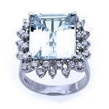 12 Carat Emerald-Cut Aquamarine & Diamond <br> 14k White Gold Ring