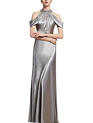 Mermaid Cocktail Floor Length Draped Beaded Halter Sleeveless Spring Empire   Waistline Satin Homecoming Dress/Prom Dress/Wedding Party Dress 