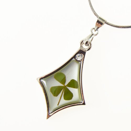 Real Shamrock Leaf Diamond-shaped Pendant Sterling Silver Necklace