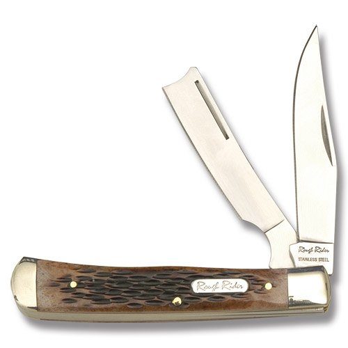 rough rider razor trapper with brown jigged bone handle  more detail click!