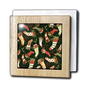Colorful Christmas Stockings on Green - 6 Inch Tile Napkin Holder by