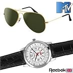 New MTV Green Aviator Sunglasses and Reebok Jagger Round Dial Watch. | Color Black