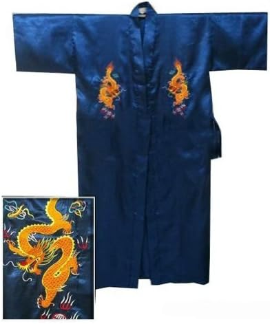 Chinese Men's Silk Satin Embroidery Kimono Robe Bath Gown with Dragon (Navy Blue, XXXL)