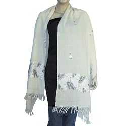 Ivory Wrap Stoles Wool Embroidery Womens Outerwear India 80 x 27 inches (esrf034)