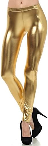 Vwhite Women's Girls Stretch High Waist Sexy Metallic Skinny Pants Leggings Gold