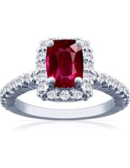 14K White Gold Cushion Cut Ruby Ring With Sidestones