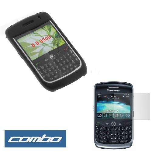 Black Durable Rubber Soft Silicone Skin Cover Case + Durable Clear Reusable LCD Screen Protector for T-Mobile Blackberry Curve 8900 Javelin Smartphone
