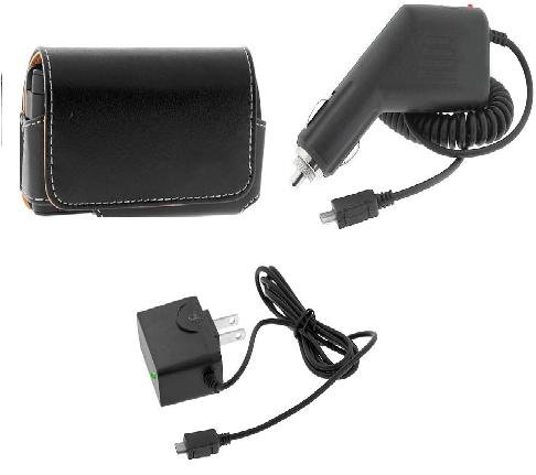 Premium Black Carrying Pouch Leather Case with Belt Clip + Rapid Car Charger + Home Travel Charger for Lg Vx8560 Chocolate 3, Ax300, Ux300, Decoy Vx8610, Lx400, Env2 Vx9100, Glimmer Ax830, Ux830 Cell Phone