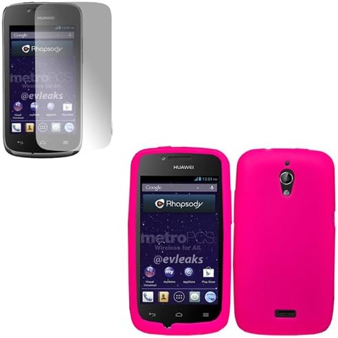 iFase Brand Huawei Vitria Y301A2 Combo Solid Hot Pink Silicon Skin Case Faceplate Cover + LCD Screen Protector for Huawei Vitria Y301A2