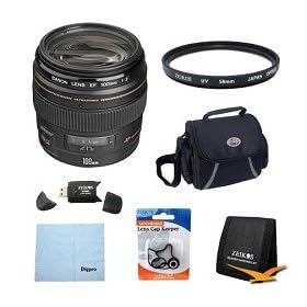 Canon EF 100mm f/2 USM Telephoto Lens for Canon SLR Cameras w/ 58mm Multicoated UV Protective Filter, Deluxe Bag, Lens Cap Keeper, Microfiber Cleaning Cloth, Tri-fold Memory Card Wallet, USB 2.0 Card Reader
