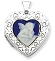 Sterling Silver Angel Cameo 21mm 2-frame Heart Locket with 20 inch Sterling Silver Chain