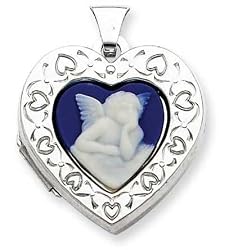 Sterling Silver Angel Cameo 21mm 2-frame Heart Locket with 20 inch Sterling Silver Chain
