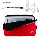 Slim High Quality Durable Glove Sleeve Case with extra pocket Custom Made For Barnes & Noble Nook eBook Reader (RED) + Includes a 4-Inch eBigvalue Determination Hand Strap + Easy Travel Car Charger