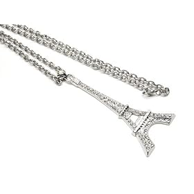X-Large Eiffel Tower Crystal Covered Charm Necklace X-Long Chain Silver Finish - Comes Gift Boxed!