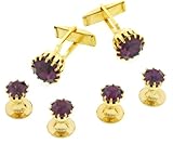 Gold plated and purple crystal cufflinks and shirt stud formal set with presentation box. Made in the USA