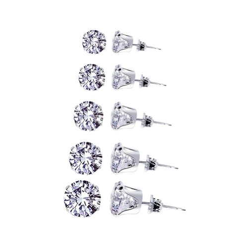 TDEZ-ROUND-SET Sterling Silver 3mm 4mm 5mm 6mm & 7mm Round Sparkling Clear Stud Earrings Set