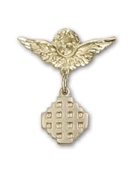 Gold Filled Baby Badge with Jerusalem Cross Charm and Angel w/Wings Badge Pin