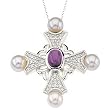 14K White Gold Amethyst, Pearl and Diamond Cross Pendant
