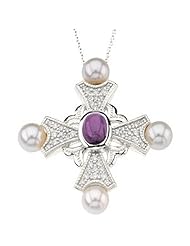 14K White Gold Amethyst, Pearl and Diamond Cross Pendant -- LIFETIME WARRANTY