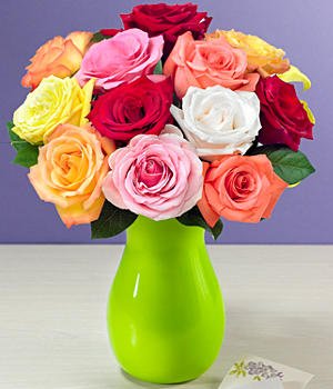 Flowers - Dozen Assorted Roses with Vase Flowers - Dozen Assorted Roses with Vase