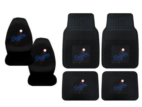 A Set of 4 MLB Universal Fit Front All-Weather Floor Mats and A Set of 2 Universal Fit Seat Covers - Los Angeles Dodgers